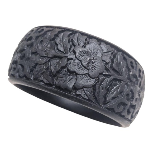 Vintage‎ Carved Black Cinnabar Wide Bangle Bracelet Black - Picture 3 of 4